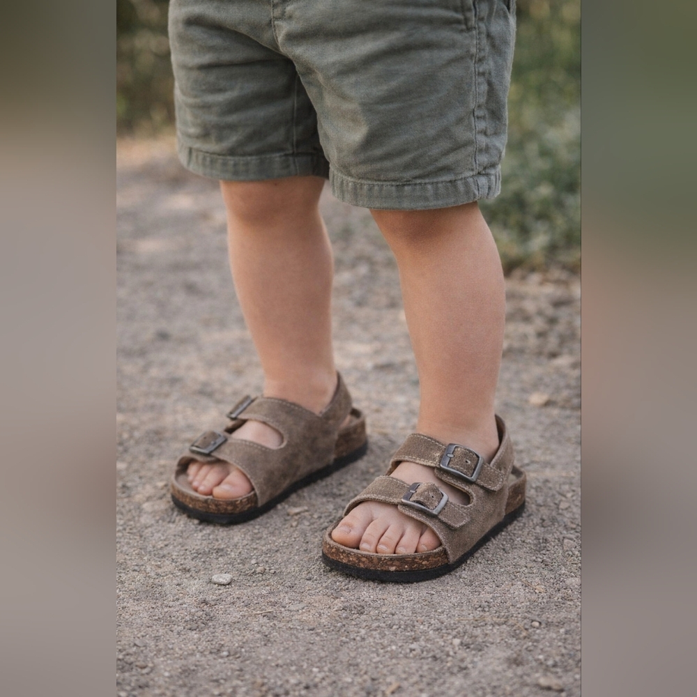 Woodstock Leather Kids Tan Sandals with Buckle Straps & Hook& Loop Sz. 8